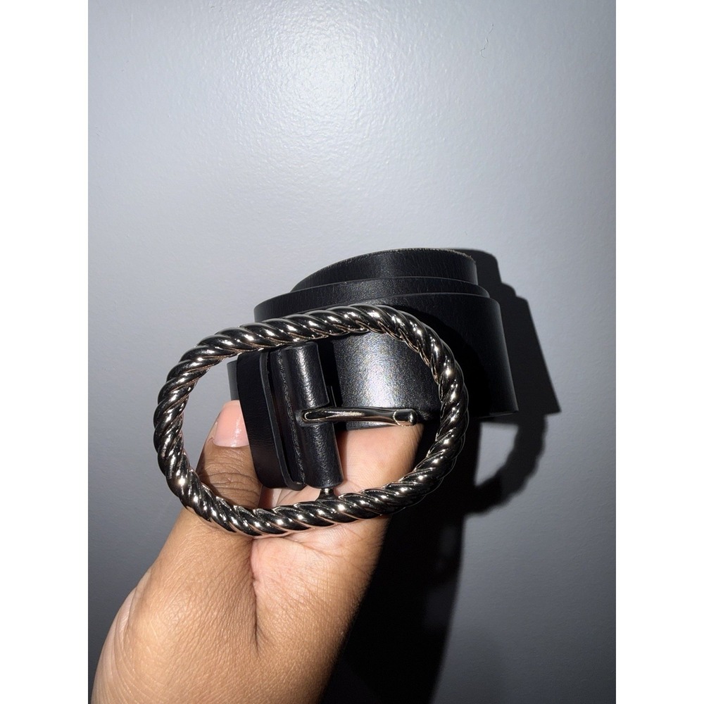 Rebecca‎ Minkoff Women's Black Leather Belt  Silver Twist Oval Bucket Sz S 37"